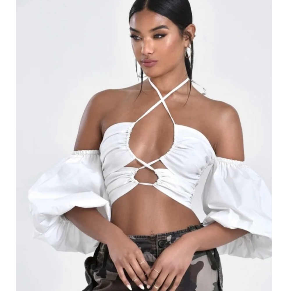 Romy White Lace Up Halter Neck Puff Sleeve Top